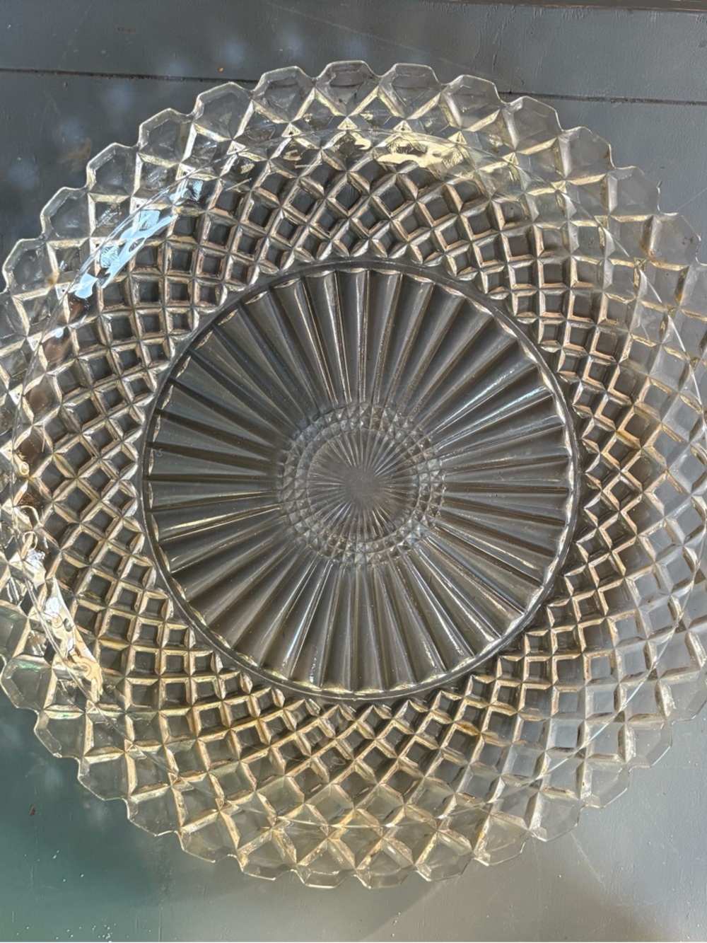 Vintage Anchor Hocking crystal glass platter featuring the "Waterford Waffle"